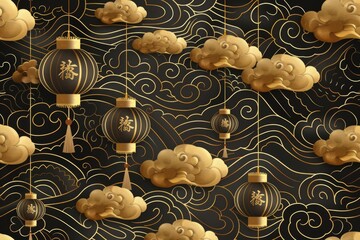 Poster - Wallpaper featuring dark colors, clouds, and lanterns