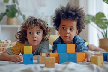 Poster - Two kids engaging in creative play on a bed with colorful blocks