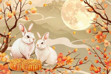 Poster - Two rabbits sitting on a tree branch, overlooking the moon
