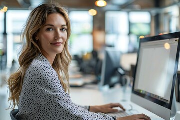 Poster - Businesswoman at Work Using Computer with Blank White Screen