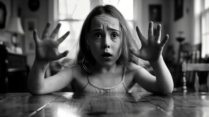 a girl expresses disbelief while sitting at a wooden table in a sunlit room, her hands raised in ast