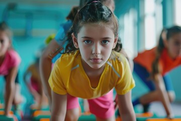 Sticker - Group of fit young women performing push-up exercise in a gym setting, great for fitness and sports themes