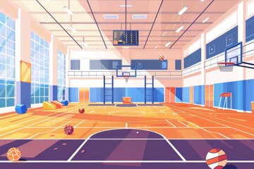 Poster - A basketball court with a basketball ball on the floor, ideal for sports and fitness illustrations