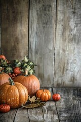 Poster - A group of pumpkins sit on a wooden table, ready for decoration or display