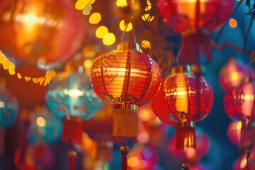 Aufkleber - A string of red lanterns suspended from a tree branch, perfect for outdoor events or festive decorations