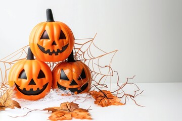 Poster - A group of pumpkins sitting on top of a pile of leaves, great for autumn or harvest themed projects