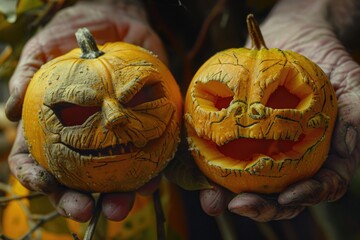 Wall Mural - A person holds two carved pumpkins in their hands, ready for Halloween or fall decoration