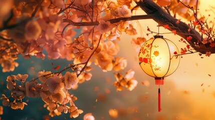 Poster - A single Chinese lantern hangs from a tree branch in a peaceful setting, perfect for use in illustrations about nature or cultural events