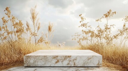 Fototapete - A white marble platform sits on a gray, marbled surface. Behind the platform is a field of tall, golden grass. The grass is interspersed with taller plants with brown, feathery stalks