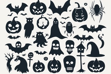 Poster - A set of spooky silhouettes against a white background, perfect for Halloween-themed designs