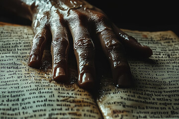 Poster - A writer's hand blending with a page of text, symbolizing creativity and the art of storytelling through double exposure.