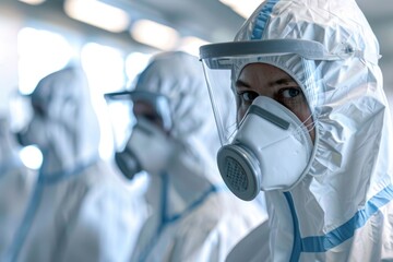 Canvas Print - A group of individuals wearing personal protective equipment (PPE) in a room, suitable for use in various industries such as healthcare, laboratory settings, or manufacturing facilities