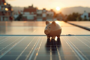 Poster - A piggy bank perched on top of a solar panel, perfect for saving energy and money
