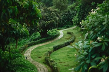 Poster - A narrow path runs through the center of a vibrant green field, surrounded by lush vegetation