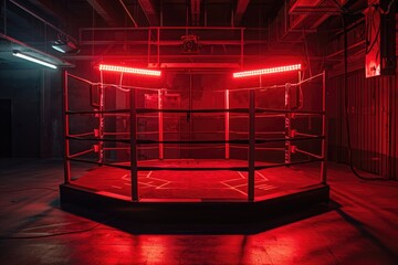 Wall Mural - A boxer prepares for a fight in a dimly lit room, spotlight focused on the ring