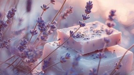 Poster - A soap bar surrounded by fresh lavender flowers, ideal for spa or wellness-themed images