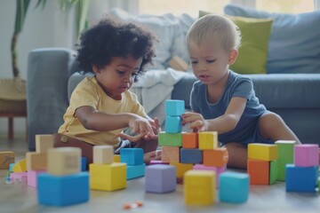 Poster - Two kids engaged in imaginative play with wooden blocks on a floor