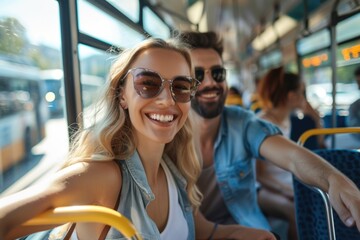 Poster - A couple sitting together on a city bus, possibly commuting or traveling together