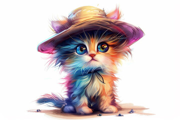 Wall Mural - A colorful cat with a straw hat is sitting on the ground