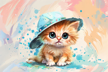 Wall Mural - A cute orange cat wearing a blue hat is sitting on a blue background