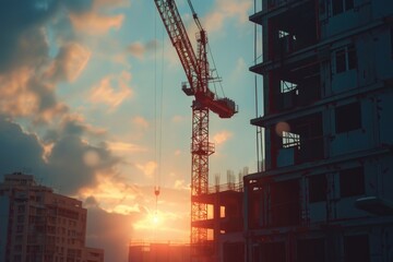 Aufkleber - A construction crane seen from afar as the sun sets in the background