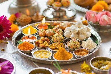 Poster - A silver tray holding a variety of dishes