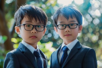 Poster - Two young men dressed in suits and ties pose for a photo, possibly for a job interview or professional occasion