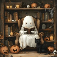 Mysterious ghost holding a black cat in a spooky Halloween scene photo