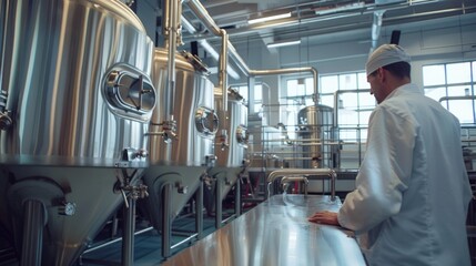 Poster - A person standing near industrial equipment, suitable for industry, factory or chemical plant settings