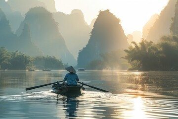 Poster - A person floats down a river, surrounded by majestic mountains