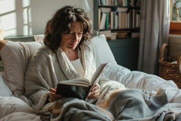 Poster - A person sitting on a bed with an open book in hand, possibly relaxing or learning