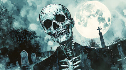 beautiful halloween illustration of a watercolor drawing of a skeleton in the cemetery under the light of the full moon