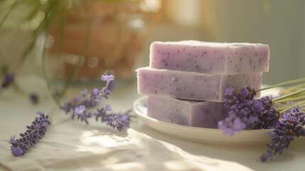 Poster - A stack of soap bars arranged neatly on a white plate