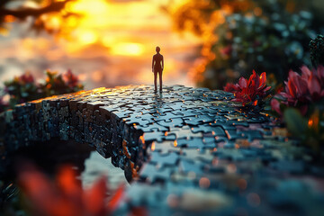 Wall Mural - A person standing on a bridge that is made entirely of puzzle pieces, symbolizing the complexity of life's journey.