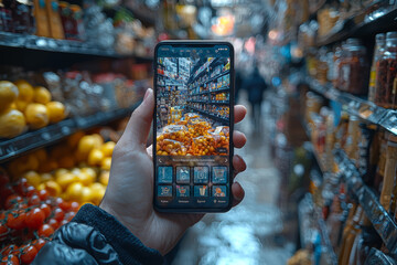 Aufkleber - A person holding a smartphone with an e-commerce app open, representing online shopping convenience.