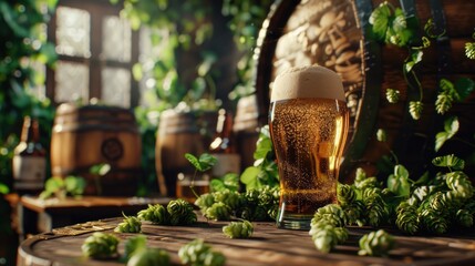 Poster - A glass of beer sits on top of a wooden table, perfect for a casual gathering or relaxing evening