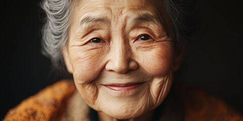 A warm and inviting portrait of an elderly woman with gentle features. Her smile reflects wisdom and experience. Ideal for storytelling and emotional connection. AI