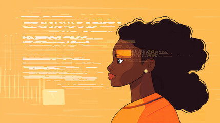 A woman with a futuristic look, against a background of code.