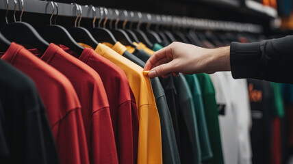 A hand reaching for a colorful shirt among a variety of clothing options in a stylish retail store during a vibrant shopping experience