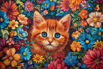 Wall Mural - A cat is in a painting of flowers