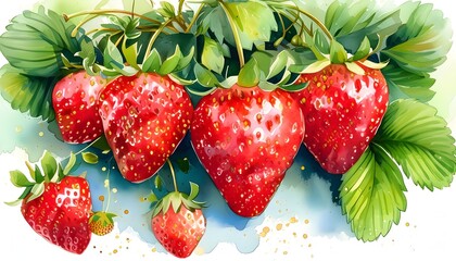 vibrant watercolor illustration of ripe red strawberries nestled among lush green foliage