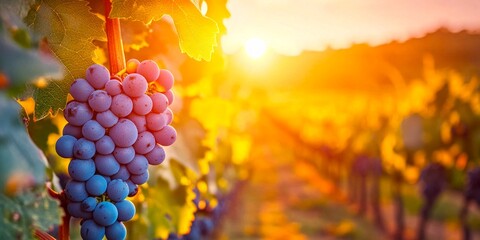 Sticker - Beautiful vineyard at sunset with ripe grapes. The golden sun casts warm light on the luscious vines. A perfect scene for wine lovers and nature enthusiasts. 