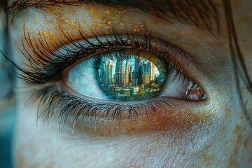 Poster - A city skyline reflected in a giant human eye, representing how urbanization shapes the way we see the world.