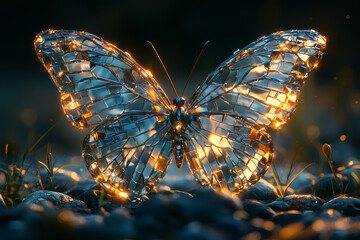 Poster - a butterfly with its wings made of shattered mirrors, reflecting the fragmented nature of beauty and