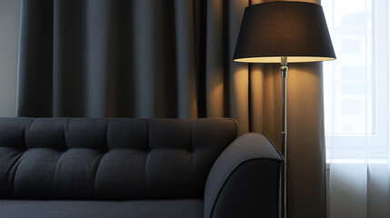  modern living room interior , black sofa with lamp in the room