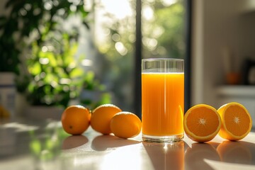 Wall Mural - A refreshing glass of orange juice beside fresh oranges on a countertop.