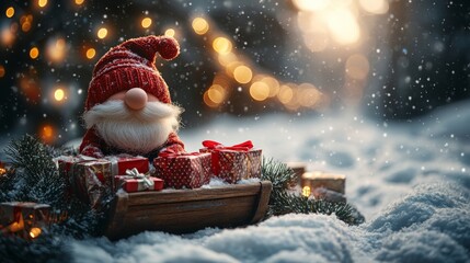 Christmas greeting card with Santa Claus toy and gift box on bokeh background. Christmas background. Santa Claus on a small wooden sleigh with gifts.