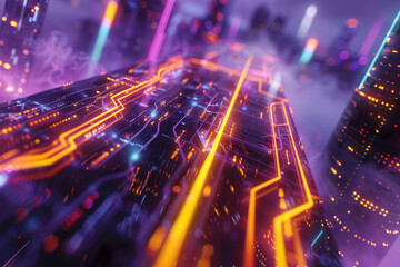 Sticker - A cityscape with neon lights and a glowing, futuristic feel