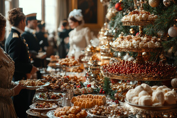 Sticker - An Edwardian Christmas with a lavishly decorated parlor and a large Christmas dinner served by uniformed staff. Concept of Christmas in the Edwardian era.