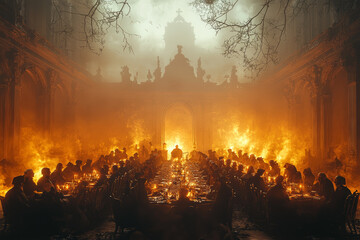 Canvas Print - A Victorian s'ance where participants attempt to communicate with spirits on Halloween night. Concept of Halloween and spiritualism in the Victorian era.